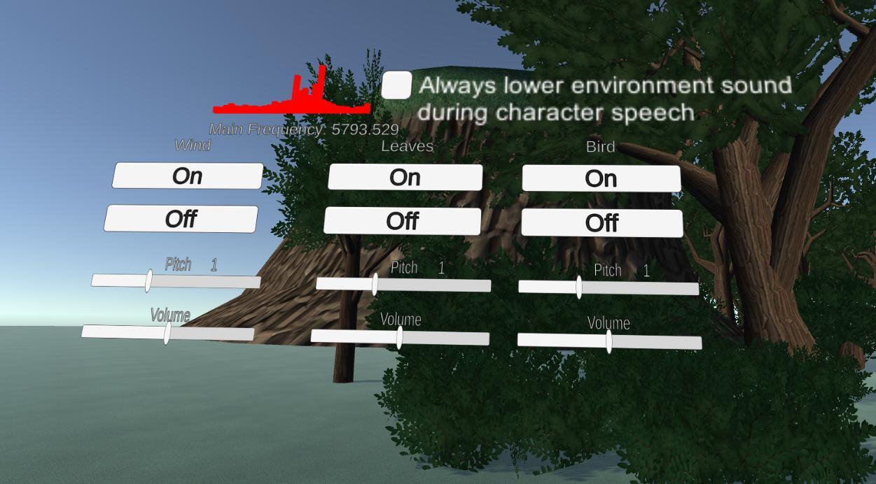 A UI to change volume and frequency of individual sounds in a VR environment.